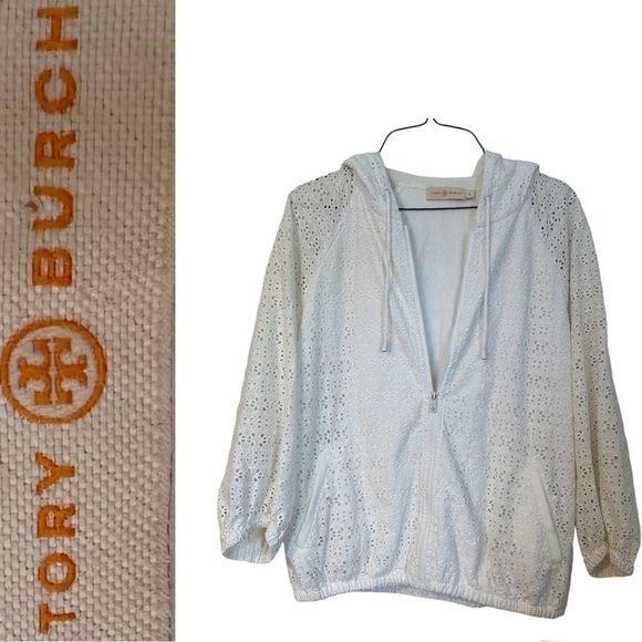 Tory Burch Jacket Zip Up Hoodie White Eyelet Elastic Waist Sheer Sleeves Size M - Picture 1 of 13